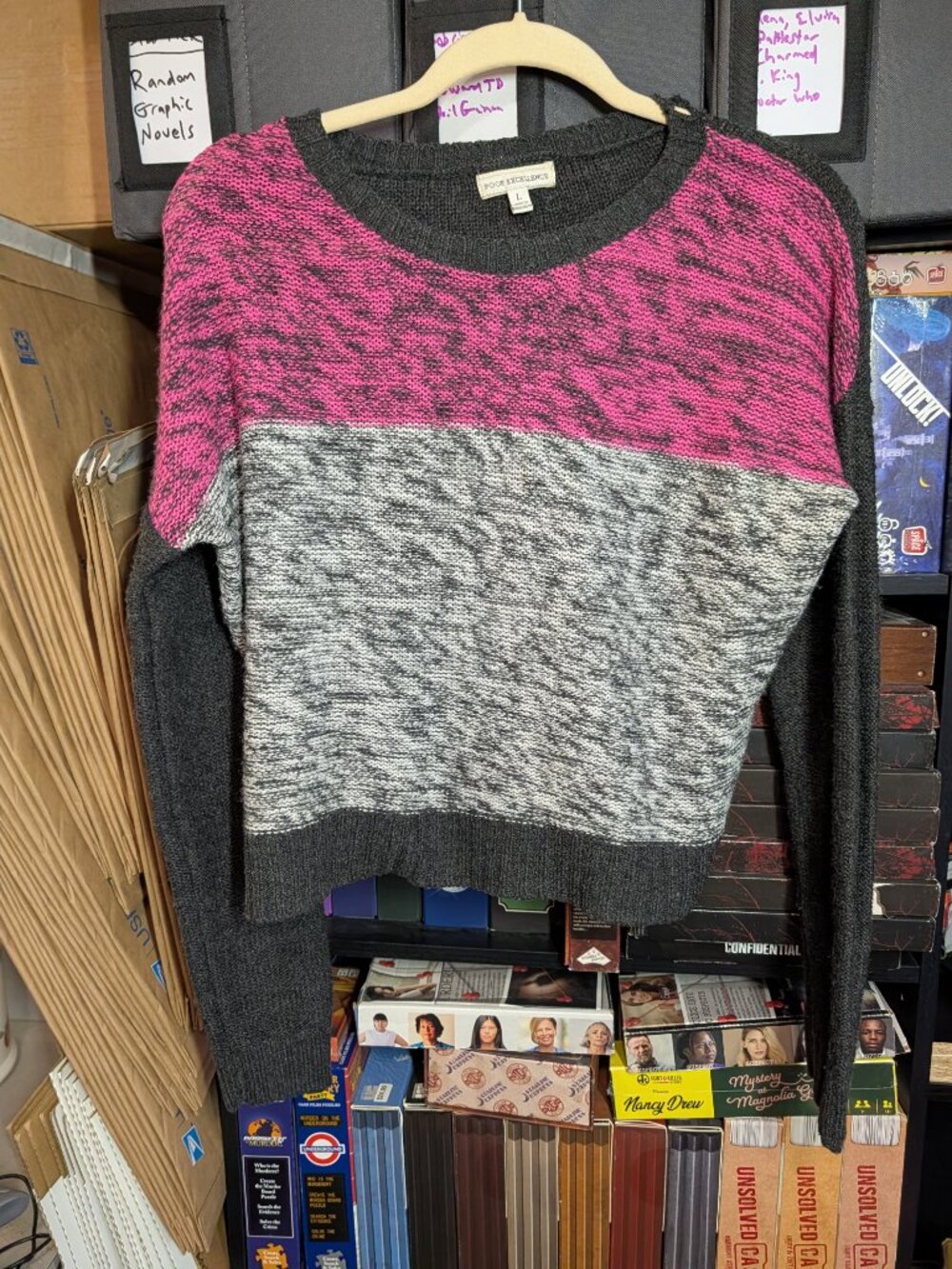 Poof Excellent Grey and Pink Super Cute Long Sleeve Retro Sweater Color Blocked